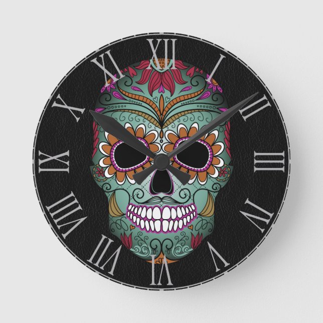 Retro Day of the Dead Sugar Skull on Leather Round Clock (Front)