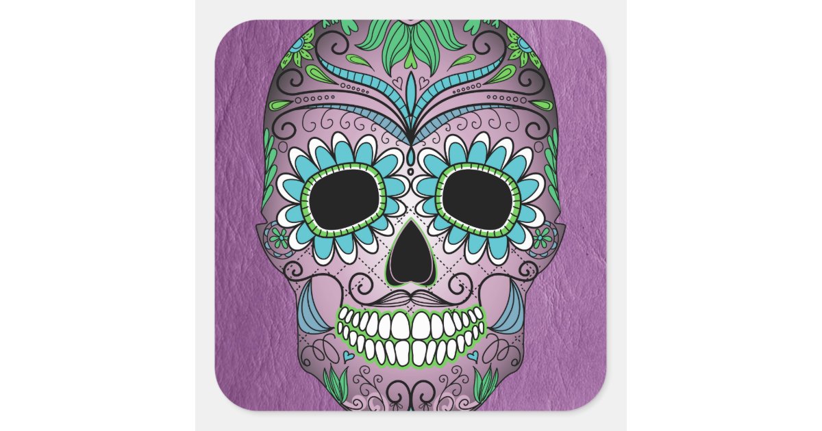Retro Day of the Dead Sugar Skull on Leather Square Sticker | Zazzle