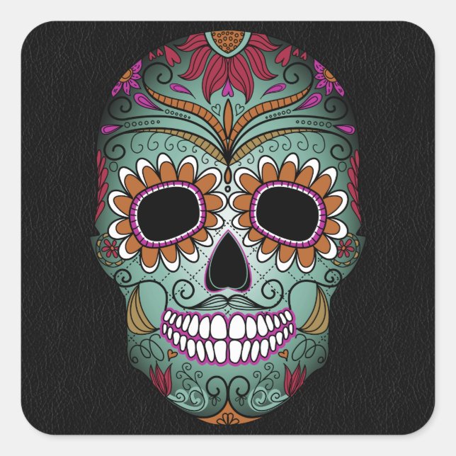 Retro Day of the Dead Sugar Skull on Leather Square Sticker (Front)