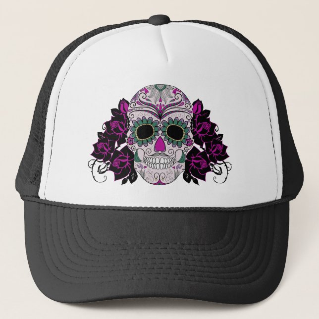 Retro Day of the Dead Sugar Skull Trucker Hat (Front)