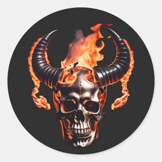  Retro Dead Burning Skull with horn in Fire  Classic Round Sticker (Front)