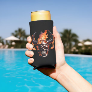  Retro Dead Burning Skull with horn in Fire  Seltzer Can Cooler