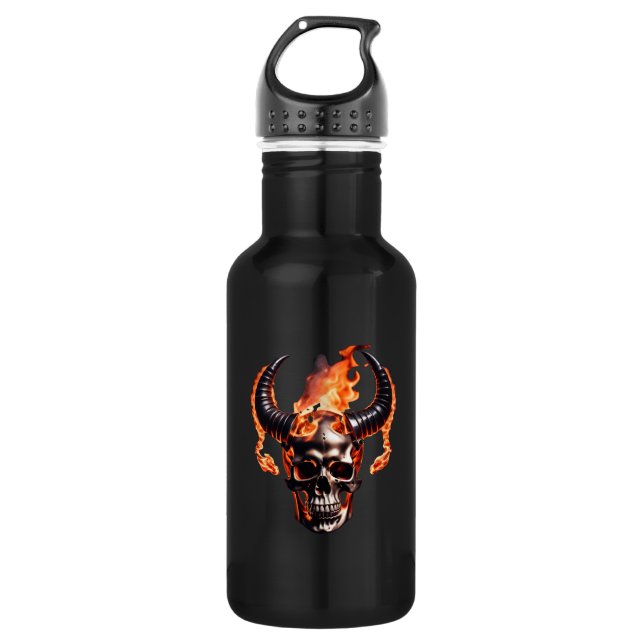  Retro Dead Burning Skull with horn in Fire  Stainless Steel Water Bottle (Front)