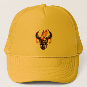 Retro Dead Burning Skull with horn in Fire Trucker Hat