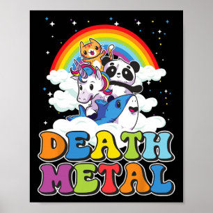 Retro Death Metal Cat Rainbow Unicorn Funny Heavy  Poster