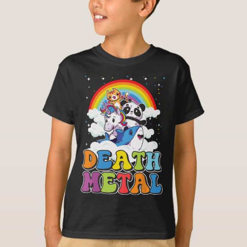 Retro Death Metal Cat Rainbow Unicorn Funny Heavy  T_Shirt