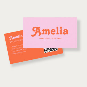 Retro Decorative Minimalist Orange Pink QR Code Business Card