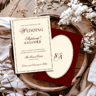 Retro Deep Burgundy Ivory Oval Old Money Wedding Invitation