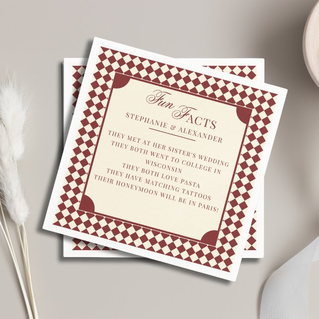 Retro Deep Red & Ivory Fun Facts Old Money Wedding Napkins (Creator Uploaded)