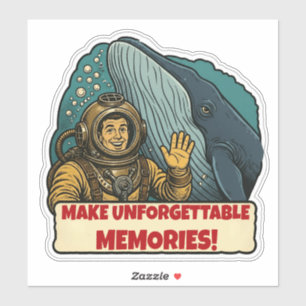 Retro Deep Sea Diver and Blue Whale Adventure Sticker