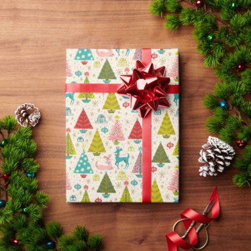 Retro Deer Amongst Snowy Christmas Trees Wrapping Paper