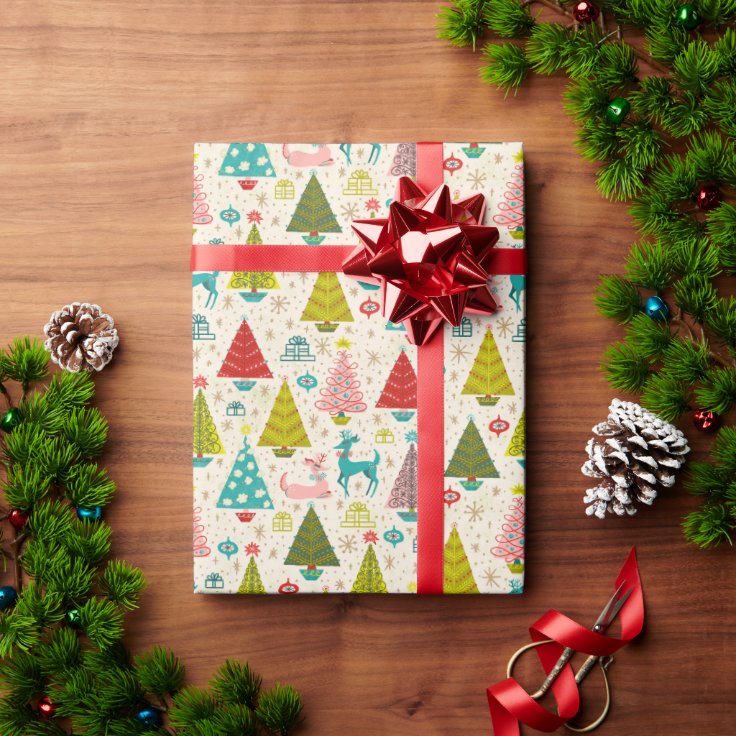 Retro Deer Amongst Snowy Christmas Trees Wrapping Paper Zazzle