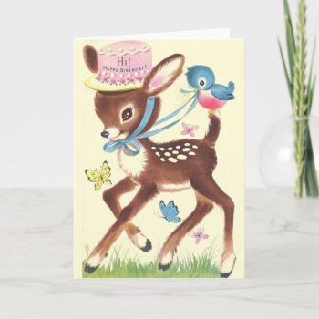 Retro Deer And Blue Bird Birthday Greeting Card by RetroMagicShop at Zazzle