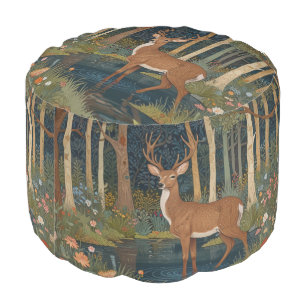 Retro deer art boho woodland forest greenery pouf