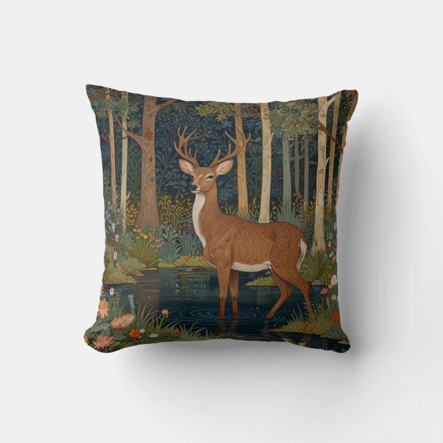 Retro deer art boho woodland forest greenery  throw pillow (Front)
