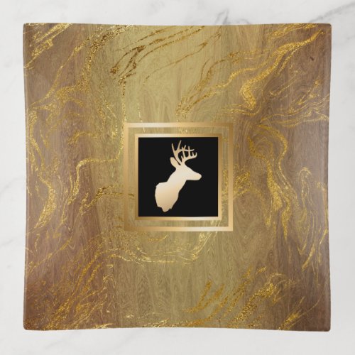 Retro Deer Head on Marble Gold Trinket Tray