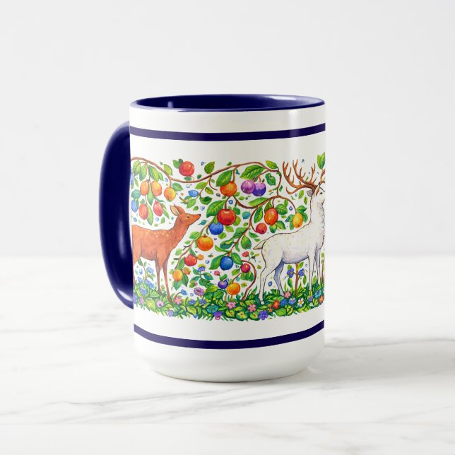 Retro Deer In Fruit Tree Forest Frieze Mug (Front Left)