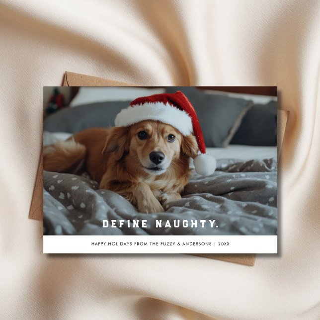 Retro Define Naughty Christmas Santa Hat Dog Photo Holiday Card (Creator Uploaded)