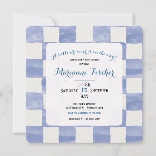 Retro Delft Blue Checkered Baby Shower Invitation
