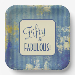 Retro Denim Blue Fifty & FABULOUS! 50th Birthday Paper Plates