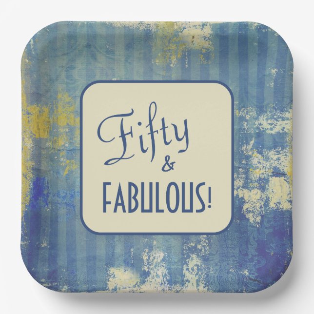Retro Denim Blue Fifty & FABULOUS! 50th Birthday Paper Plates (Front)