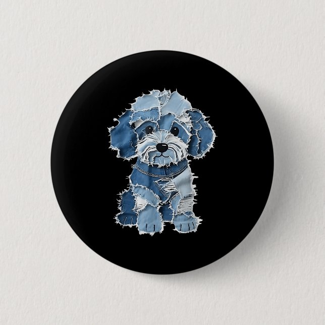 Retro Denim Dog Patch, Funny Shabby Blue Jean Pupp Button (Front)