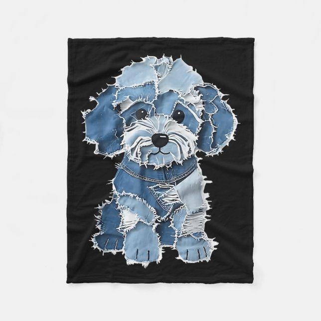 Retro Denim Dog Patch, Funny Shabby Blue Jean Pupp Fleece Blanket (Front)