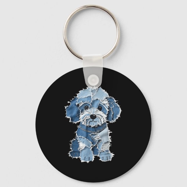 Retro Denim Dog Patch, Funny Shabby Blue Jean Pupp Keychain (Front)