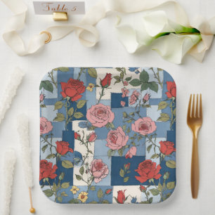 Retro Denim Patches with Red Roses Paper Plates