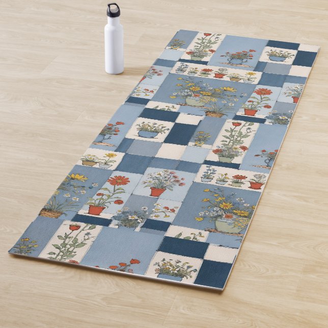 Retro Denim Patchwork Plants and Wildflower Pots  Yoga Mat (In Situ)
