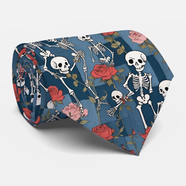 Retro Denim Patchwork with Skeletons and Roses Neck Tie (Rolled)