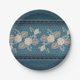 Retro Denim Texture with Lace Paper Plates