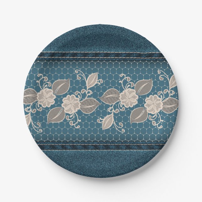 Retro Denim Texture with Lace Paper Plates (Front)