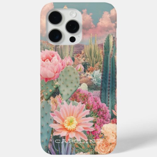 Retro Desert Cactus Floral Personalized Name iPhone 15 Pro Max Case