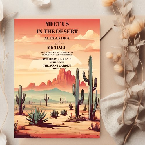 Retro Desert Cactus Illustrated Wedding Invitation