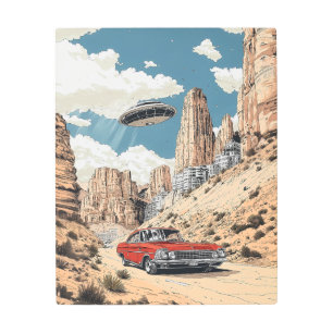 Retro Desert Chase: Classic Car and UFO Encounter Metal Print