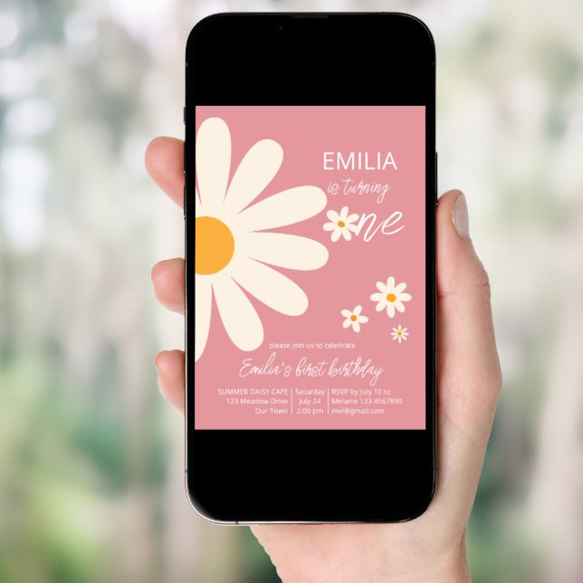 Retro desert daisy 1st birthday party dusty pink invitation (Front Digital)