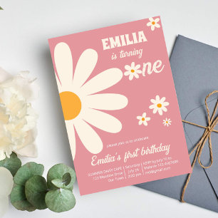 Retro desert daisy 1st birthday party dusty pink invitation