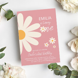 Retro desert daisy 1st birthday party dusty pink invitation