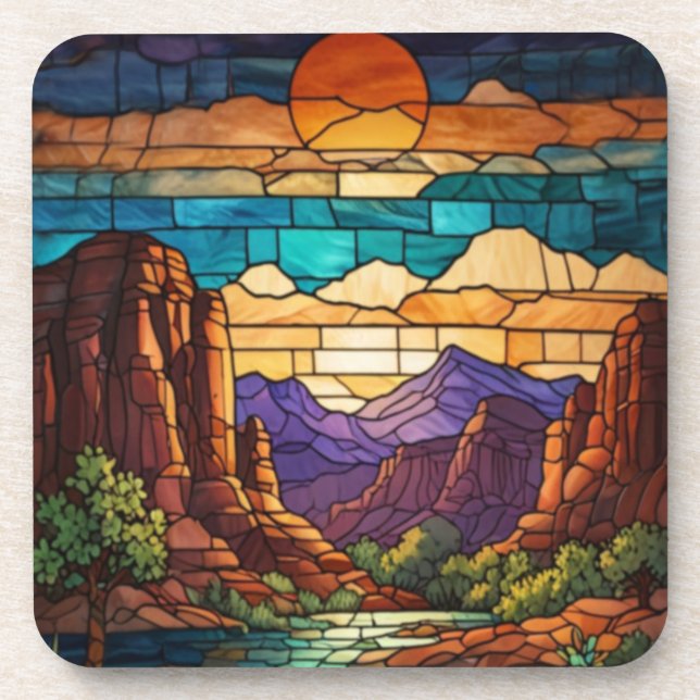 Retro desert scene Sedona mountains stainglass art Beverage Coaster (Front)