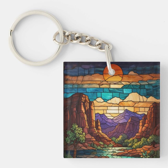 Retro desert scene Sedona mountains stainglass art Keychain (Front)