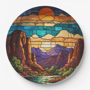 Retro desert scene Sedona mountains stainglass art Paper Plates