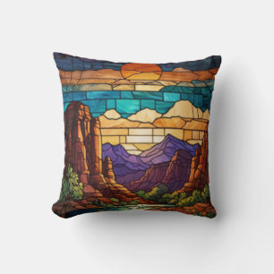 Retro desert scene Sedona mountains stainglass art Throw Pillow