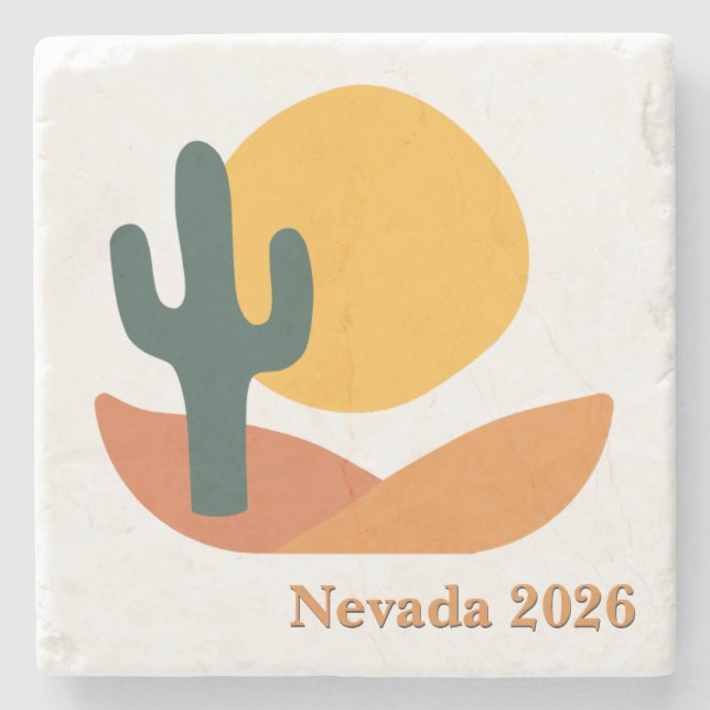 Retro Desert with Cactus and Text Stone Coaster (Front)