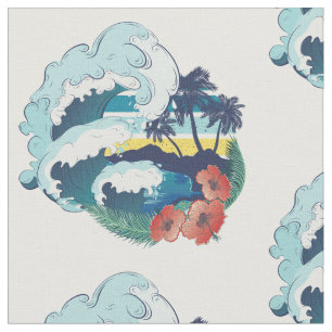Retro design of beach, palm trees and ocean waves fabric