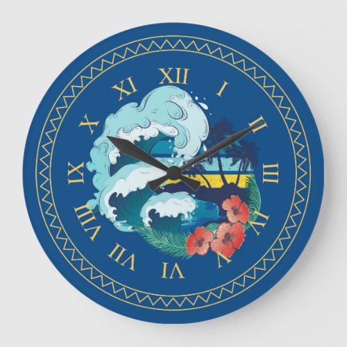 Retro design of beach palm trees and ocean waves large clock