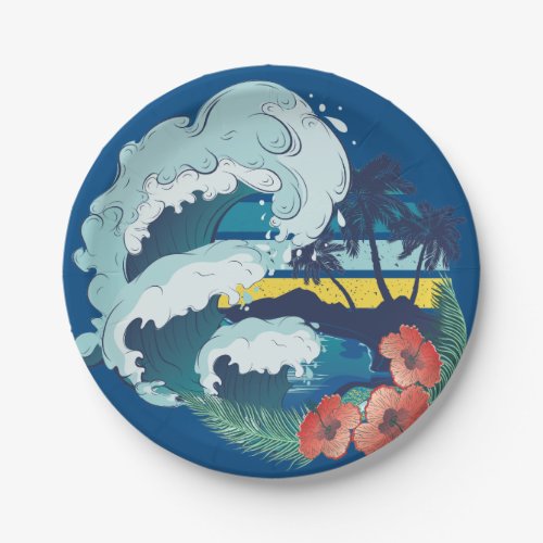 Retro design of beach palm trees and ocean waves paper plates