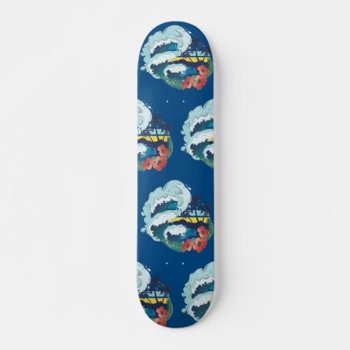 Retro design of beach palm trees and ocean waves skateboard