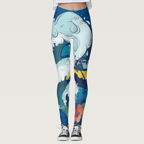 Retro design of beach palm trees and sea waves leggings