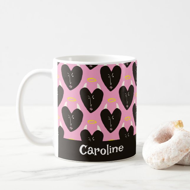 Retro Devil Hearts Kitschy Kitchen Custom Name  Coffee Mug (With Donut)